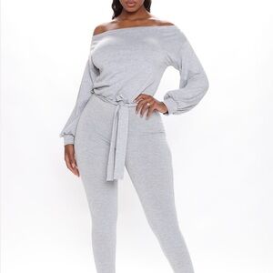 Fashion Nova Off-Shoulder Tie-Waist Jumpsuit - Light Gray